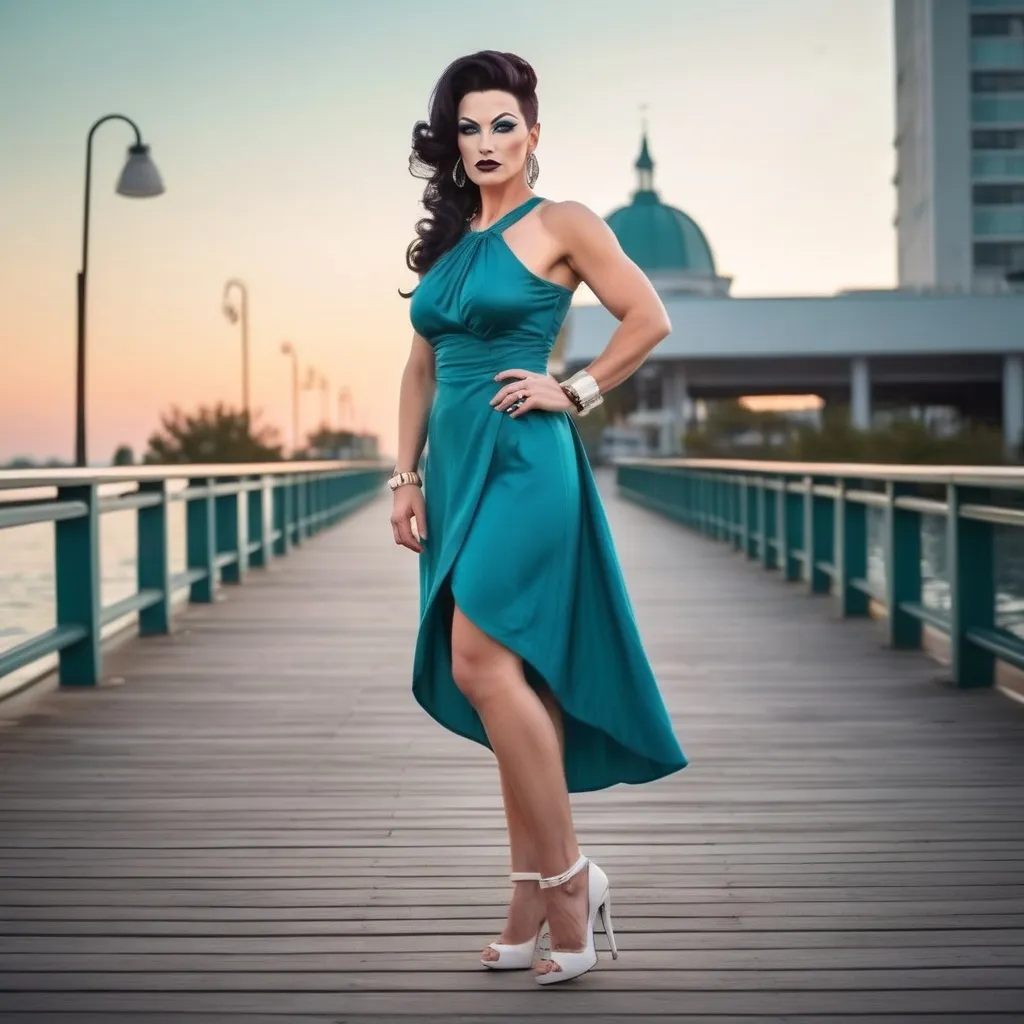 Prompt: Here's a prompt:

"Generate an image of a stylish and confident 35-year-old Hungarian drag queen bodybuilder wearing a cute teal and white long flowing sundress. Face has strong masculine jawline and brow. Dark eyeshadow and dark lipstick. Large busom. Short dark read hairstyle. 

Outfit:

- Sundress: light and long, flowing teal and white stripes
- Shoes: White stiletto heels
- Accessories: Minimalist jewelry, such as a simple watch and hoop earrings

Pose:

- Standing carefree and confident 
- Slightly angle the body, showcasing the outfit's silhouette
- Gaze directly at the camera with a subtle smile

Background:

- boardwalk at sunset

Style:

- Modern, sophisticated, and effortlessly chic
- Emphasize the harmony of teal and white hues
- Capture the individual's poise and confidence

Generate a high-quality image showcasing the perfect blend of style, elegance, and modern flair."