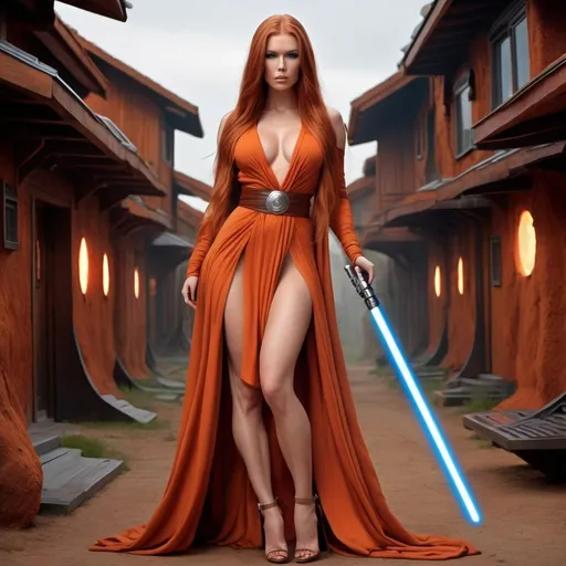 Prompt: Gorgeous ultra-muscular 25-year-old Finnish goddess with huge busom and ridiculously long flowing burnt orange hair wearing Jedi robes with a light saber and 8 inch stiletto high heel shoes posing in a futuristic village in the Star Wars universe. 