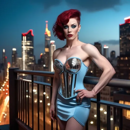 Prompt: Delicate gorgeous ultra-muscular 25-year-old French drag queen bodybuilder overlooking city from balcony, short stylish dark red hair, photorealism, silver corset and skirt, ice blue eyes, pale skin, heart-shaped face, metropolitan nightscape, skyscrapers, highly detailed, 8k photo, photorealistic, delicate beauty, intricate details, city lights, atmospheric lighting