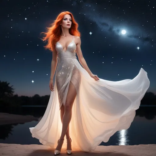 Prompt: In a serene setting beneath a canopy of twinkling stars, a gorgeous muscular 60 year old goddess wearing 8 inch stiletto high heel shoe stands illuminated by the soft glow of the moonlight. Her silhouette is striking against the dark night sky, creating a captivating contrast that accentuates her elegance and grace.

She has flowing dark orange hair that seems to shimmer and dance in the gentle night breeze, reflecting the subtle light of the stars above. Her eyes sparkle with a mysterious allure, mirroring the constellations that dot the sky.

Her attire is simple yet elegant, a flowing white see-through dress that seems to mimic the movement of the night sky itself. It billows gently around her as she stands, creating a dreamlike aura that adds to her ethereal beauty.

As she gazes up at the stars, a sense of wonder and awe fills her expression. Her connection to the universe is palpable, as if she holds a secret understanding of the mysteries of the cosmos.

Surrounded by the beauty of the night sky, this woman embodies the timeless allure of the heavens. Her presence is both calming and enchanting, making her a mesmerizing focal point against the backdrop of the starry night.






