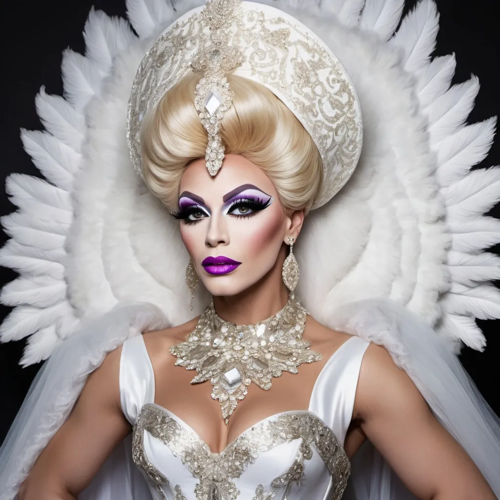 Prompt: The most beautiful caucasian drag queen in Heaven wearing the traditional Heaven dress.