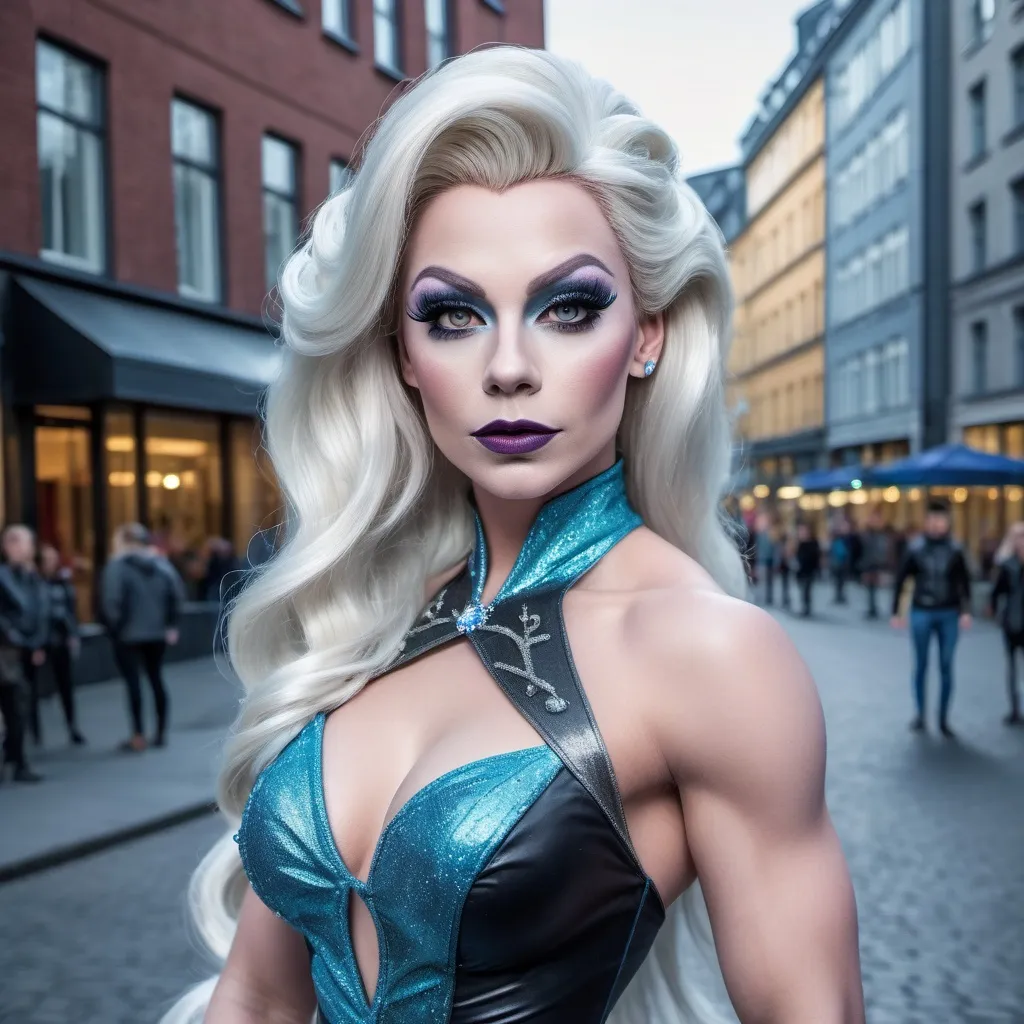 Prompt: Full body shot of a gorgeous muscular 25-year-old Finnish drag queen dressed as Elsa wearing dark eyeshadow and dark lipstick, in the city AI defined exquisitely beautiful, totally ultra realistic young adult drag queen, gorgeously detailed, well endowed, perfect body proportions, pale, ultra glamorous, perfect shading, impeccable contrast, HDR, UHD, high res, 64k