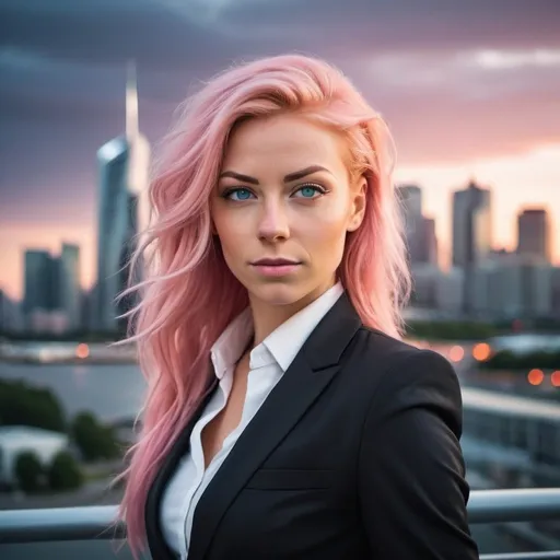 Prompt: Create a cool picture of a Gorgeous ultra-muscular 25-year-old Finnish pink-haired businesswoman  in front of a city skyline with futuristic lighting.