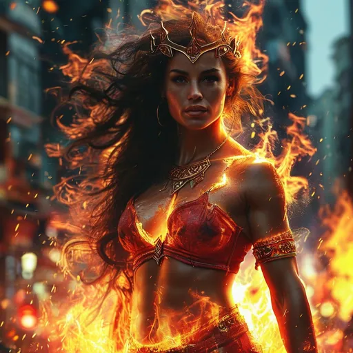 Prompt: Gorgeous muscular 25-year-old fire goddess, made of fire,  destroying a city.