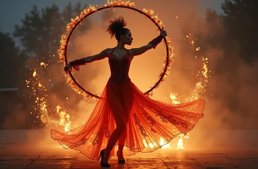Prompt: Watercolor impressionist art, professional elegant circus stunning muscular 25-year-old French drag queen performer wearing intricate dance outfit playing a set of hula hoops made of lava elements and burning charcoal with elegant action on top of a building , and  a fire elements come out from inside her forming a orange and red trail of sparkling dress, illuminated bokeh twinkling glittery background. studio lighting. Mesmerizing and spectacular splendid performance. Masterpiece of art, thrilling and exciting to view from the audience.