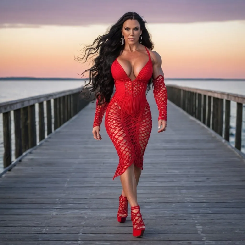 Prompt: Gorgeous ultra-muscular 25-year-old Finnish goddess bodybuilder with huge busom and ridiculously long wavy black hair wearing a beautiful red macrame dress and 8 inch stiletto high heel shoes walking on the boardwalk at dusk.