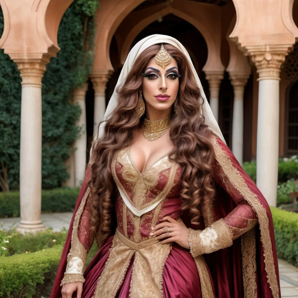 Prompt: A realistic photograph of A gorgeous  muscular  25-year-old  Arabic drag queen  dressed up as a 17 century Islamic Mughal court dancer Laila with long curly brown hair wearing dupatta in the courtyard garden  