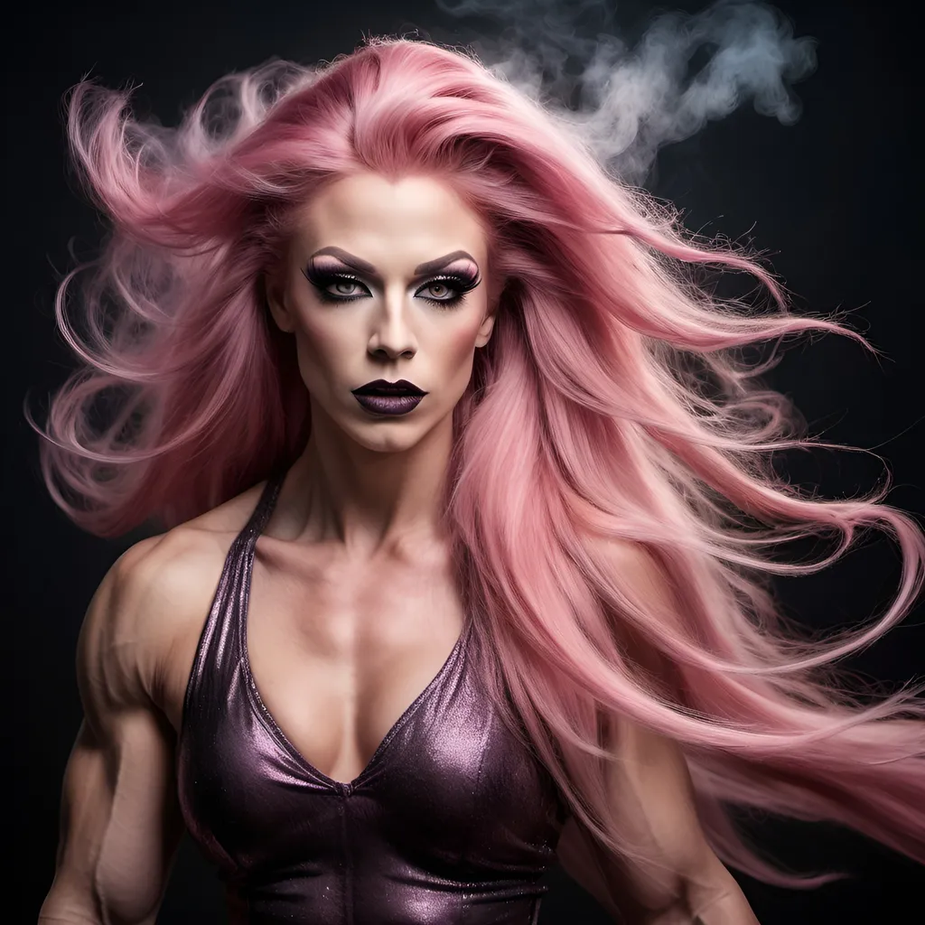 Prompt: Gorgeous ultra-muscular 25-year-old Norwegian drag queen bodybuilder Dancer with ridiculously long flowing pink hair captured in motion, smokey eye shadow and dark lipstick, long exposure photography, Nikon D850 DSLR camera, f/4, ISO 200, high quality, long exposure, Nikon D850, DSLR camera, detailed movement, professional photography, artistic motion blur, dramatic lighting