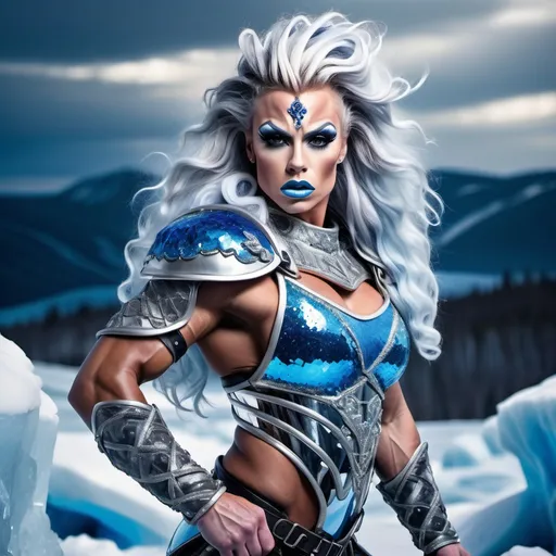 Prompt: Gorgeous ultra-muscular 25-year-old Finnish drag queen bodybuilder ice warrior, (dynamic pose), wielding a (majestic) large sword, vibrant ice hair flowing, adorned in frozen warrior armor, striking an (intense) expression, backgrounds of a fantastical landscape filled with blues, grays and whites  colors, (dramatic lighting) highlighting the colors, (high detail), (4K quality), exudes power and bravery, capturing a heroic spirit.