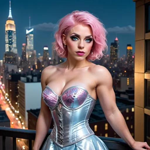 Prompt: Delicate gorgeous 25 years old buxom drag queen bodybuilder overlooking city from balcony, short stylish pink hair, photorealism, silver corset and skirt, ice blue eyes, pale skin, heart-shaped face, metropolitan nightscape, skyscrapers, highly detailed, 8k photo, photorealistic, delicate beauty, intricate details, city lights, atmospheric lighting