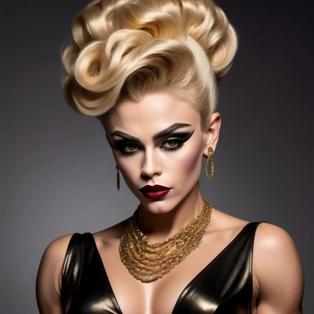 Prompt: Imagine James Dean dressed up as a gorgeous ultra-muscular 25-year-old drag queen bodybuilder wearing a gold necklace and earrings on her head, wearing a black dress and a gold necklace and 8 inch stiletto high heel shoes, dark eyeshadow and dark redlipstick, regal, a character portrait