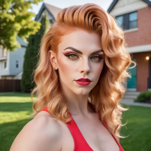 Prompt: Naive, beautiful, muscular 25-year-old girl-next-door drag queen (strong, masculine jawline and brow) with wavy strawberry-blonde hair, posing on the lawn in a nice neighborhood. 