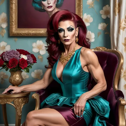 Prompt: oil painting of beautiful muscular 45-year-old Bulgarian drag queen (dark eyeshadow and dark red lipstick) wearing an (elegant sleeveless Teal blouse, gold necklaces, diamond ring), and (off-white fancy skirt, fancy dark red hairstyle), sitting on armchair near a perfectly designed room with aesthetic wall and plum curtain, vase with flowers near the woman (close up shot) , good composition 