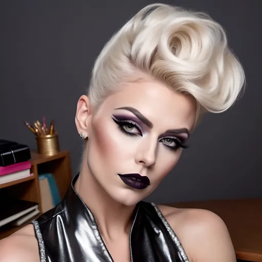 Prompt: Gorgeous muscular 25-year-old Finnish drag queen science teacher with platinum blonde high updo, dark eyeshadow and dark lipstick (((strong masculine jawline and brow))) sitting flirtatiously on her desk.