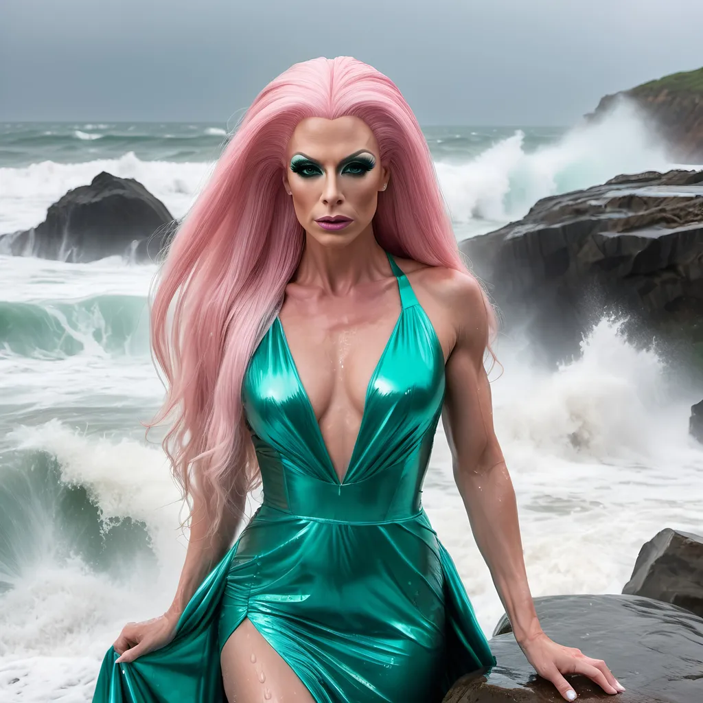 Prompt: A glamorous, gorgeous,  muscular 35-year-old Czechian drag queen with very long straight Pink hair, standing on a rock on the beach with waves crashing down on her, 
She is wearing a teal mini wedding dress and is soaking wet.
rainy weather, Wet face, Wet hair, water flowing from her body.
full body shot, hyper detailed, ultra realistic, highly detailed, surreal heavy mist, AI defined exquisitely beautiful, totally ultra realistic, gorgeously detailed, perfect body proportions, pale, ultra glamorous, perfect shading, impeccable contrast, HDR, UHD, high res, 64k