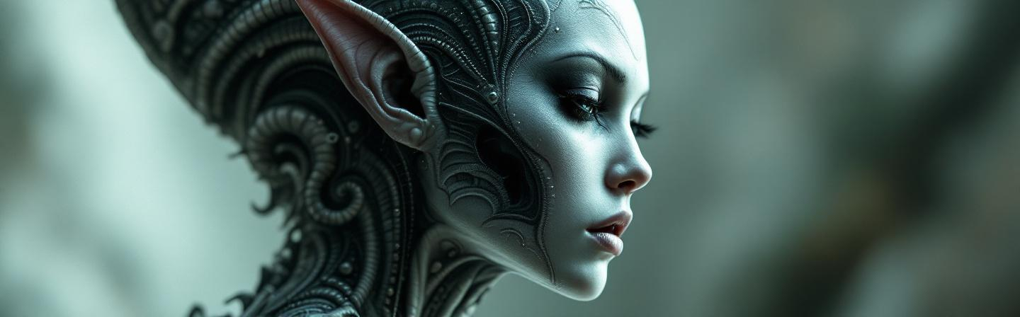 Prompt: Alien Compressed telluric drag queen cosmos alien creature martian humanoid alien, alien perfect profile portrait, alien skin, elf ears, fantasy, fictional white tribal tattoos face and body and neck, daft punk, profile, hot, beauty, passional, i can't believe how beautiful this is, divine, orc, goblin, fairy, gorgeous, cute, sci - fi, by Salvador Dali and Hajime Soroyama and HR Giger, 1980's art, style hyperrealistic ferrania p30, NVIDIA Iray render, ultra high definition, artstation, Smooth, sharp focus, Photorealism, Photography, Realistic Detail, Depth of field, 8k, Full HD, 3d, Super resolution, octane render, Long exposure, unreal engine, HD+ use text
