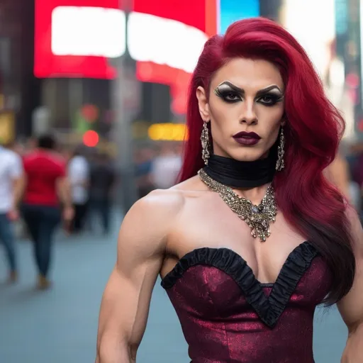 Prompt: Gorgeous muscular 25-year-old Czechian drag queen (masculine jawline and brow features) with long dark red hair wearing a mix of men's and women's clothes. 8 inch stiletto high heel shoes.  Dark eye makeup and dark lipstick.  Location: Time Square.