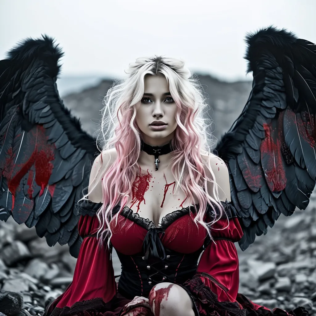 Prompt: Gorgeous ultra-muscular 25-year-old Finnish angel with huge busom and ridiculously long flowing platinum pink hair, wrapped dirty robes covered in blood, large broken, bloody wings, on her knees in the middle of rubble.