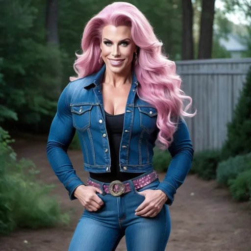 Prompt: John Travolta dressed up as a Gorgeous ultra-muscular 25-year-old Finnish drag queen bodybuilder with  ridiculously long wavy pink hair wearing denim jacket smiling shyly long hair black shirt skin tight blue jeans tucked into thigh-high ultra-high-heel boots stiletto heels in pastoral scene