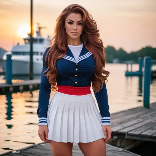 Prompt: Gorgeous ultra-muscular 25-year-old Serbian goddess bodybuilder with huge busom and ridiculously long wavy crimson hair, wearing a cute Sailor style shirt, shirt white pleated skirt,  white knee-high socks, and 8 inch stiletto high heel shoes, standing on a dock at dawn.