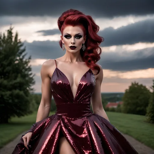 Prompt: Gorgeous muscular 25-year-old Czechian drag queen with long dark red flowing updo hair, dark eyeshadow and dark lipstick, long flowing sequined gown, romantic outdoor setting, dramatic sky, An ultra-realistic photograph captured with a Sony α7 III camera, equipped with an 85mm lens at F 1.2 aperture setting,  The image, shot in high resolution and a 16:9 aspect ratio, captures the subject’s natural beauty and personality with stunning realism –ar 16:9 –v 5.2 –style raw