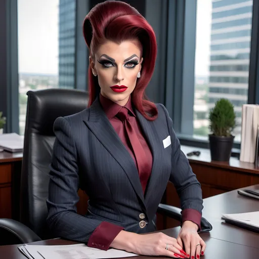 Prompt: Gorgeous ultra-muscular 25-year-old French drag queen dressed as a secretary, pinstripe business outfit, long very dark red tight updo hair, long muscular legs, 8 inch stiletto high heel shoes sitting at her desk in a office building