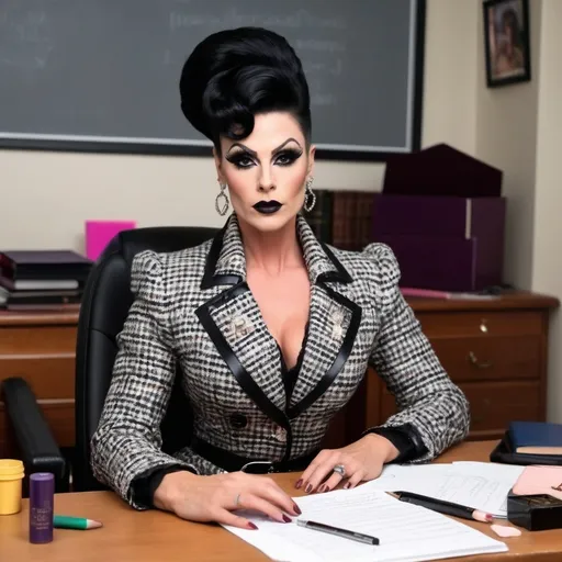 Prompt: Gorgeous, muscular, drag queen Teacher (with very strong masculine jawline) with long luscious black updo hair, dark eye makeup,  and dark lipstick wearing a beautiful designer tweed jacket & dress and thigh-high 8 inch stiletto boots. Sitting confidently on her desk.