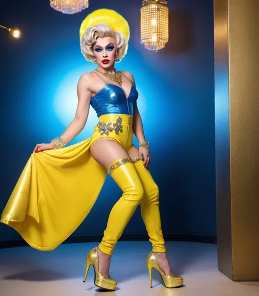 Prompt: High-quality detailed digital photograph of James Dean dressed as a 27-year-old Russian drag queen in a cute yellow & blue outfit and wearing cute 8 inch stiletto high heel shoes, long straight loose silver & gold ponytail, wearing a cute cross-body handbag, vibrant and colorful, adorable expression, soft lighting, detailed eyes, professional, 4k, ultra-detailed, cute outfit, long straight high ponytail, platform high heel boots, cute cross-body handbag, adorable expression, soft lighting