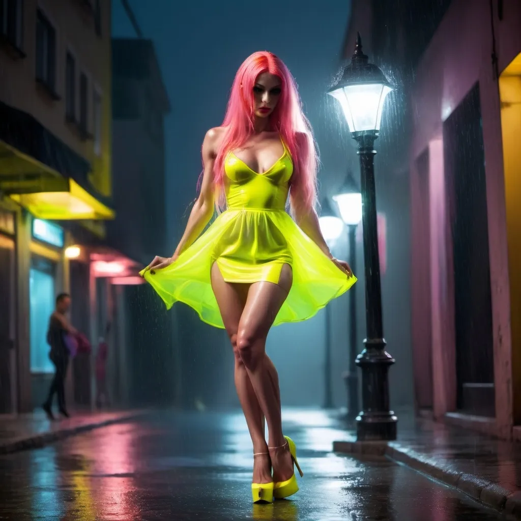 Prompt: dark street, Croatian ultra-muscular dance girl with long pink hair wearing very short neon yellow color transparent frock and 8 inch stiletto high heel shoes. that girl show using turned on street lamp. she is standing under the lamp. background is dark. little raining . she is wet. body figures are showing under the dress.