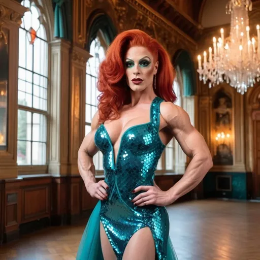 Prompt: the words incredible beauty as a muscular 25-year-old French drag queen bodybuilder with red hair and brown eyes, in a teal sequined dress in a castle ballroom, with a big window in the background