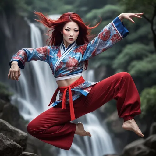 Prompt: Central to the image is a (drag queen kungfu master), (shaolin temple), 
 (mountain view), flowing dark red hair cascading down her shoulders, dressed in a traditional Taiji workout with exquisite (red, blue and black) patterns, dynamic pose, fair white skin, beautiful green eye, show abs, perfect anatomy, centered, freedom, soul,tie up bun hair, approach to perfection, cell shading, 4k , cinematic dramatic atmosphere, global illumination, detailed and intricate environment, , cinematic lighting,illuminated by warm, soft light, enhancing the tranquil and graceful atmosphere, (HD), showcasing her delicate features and serene expression in a captivating portrait style.ng,