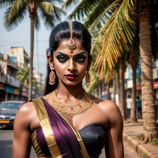 Prompt: Gorgeous (ultra-muscular) south Indian drag queen, 25 years old, striking dark eye makeup, dark lipstick, wearing a stunning (two-toned sari), athletic physique, inspired by south Indian actress Laxmi Rai's elegance, expertly posed on the vibrant streets of Chennai. Background bustling with local culture, palm trees, warm sunlight filtering through, bringing life to this captivating ambient scene. (Ultra-detailed) image quality captures every intricate detail.