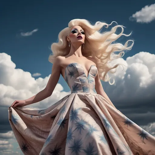 Prompt: (masterpiece), (best quality), (ultra-detailed), A gorgeous 25-year-old Finnish drag queen standing gracefully, her delicate figure silhouetted against the backdrop of a breathtakingly beautiful sky. The air is filled with a sense of serene tranquility as the wind gently rustles through her hair, causing the extremely delicate and beautiful fabric of her dress to billow softly around her. As she gracefully moves, flying splashes of water and petals accompany her, caught up in the ethereal dance of the wind. The scene is a symphony of beauty, with every detail meticulously crafted to evoke a sense of wonder and awe