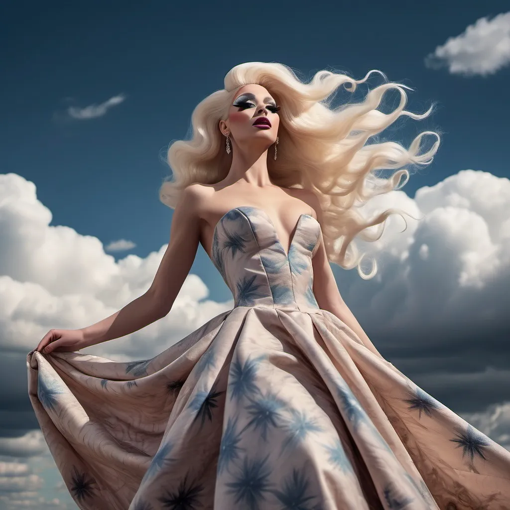 Prompt: (masterpiece), (best quality), (ultra-detailed), A gorgeous 25-year-old Finnish drag queen standing gracefully, her delicate figure silhouetted against the backdrop of a breathtakingly beautiful sky. The air is filled with a sense of serene tranquility as the wind gently rustles through her hair, causing the extremely delicate and beautiful fabric of her dress to billow softly around her. As she gracefully moves, flying splashes of water and petals accompany her, caught up in the ethereal dance of the wind. The scene is a symphony of beauty, with every detail meticulously crafted to evoke a sense of wonder and awe