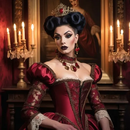 Prompt: Gorgeous muscular 25-year-old British drag queen, dark lipstick, heavymascara, vibrant Tudor-era attire, intricate lace details, embroidered patterns, serene expression, elegant pose, rich background of a historic castle, warm gold and deep crimson tones, soft diffused lighting, classical artwork style, ultra-detailed, regal atmosphere, capturing the essence of 16th-century nobility, majestic ambiance.