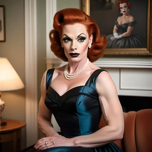 Prompt: A gorgeous muscular red-headed 40-year-old Czechian drag queen (((strong masculine jawline and brow))) housewife (((dark eyeshadow and dark lipstick))) in the 1950s wearing a solid sweetheart swing dress. Posing in the living room.