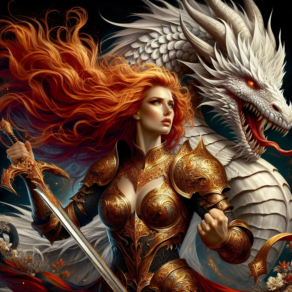 Prompt: Gorgeous 25-year-old muscular warrior goddess, with long flaming red hair, mythical Excalibur and golden armor, slaying a beautiful,  fierce albino dragon.