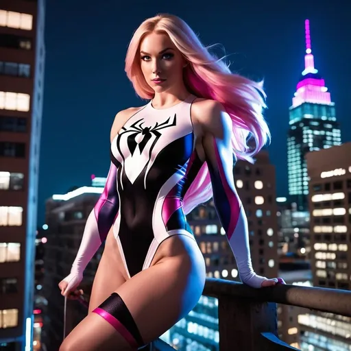 Prompt: Gorgeous ultra-muscular 25-year-old Finnish goddess with huge busom and ridiculously long flowing pink blonde hair, dressed as Spider-Gwen (Marvel Comics Character), she clings to the side of a building at night.