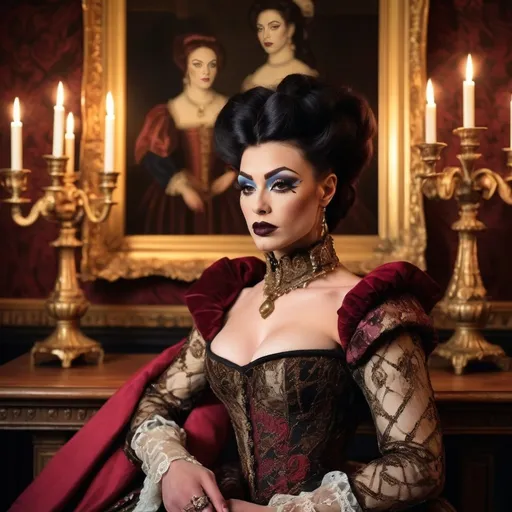 Prompt: Gorgeous muscular 25-year-old British drag queen, dark lipstick, heavymascara, vibrant Tudor-era attire, intricate lace details, embroidered patterns, serene expression, elegant pose, rich background of a historic castle, warm gold and deep crimson tones, soft diffused lighting, classical artwork style, ultra-detailed, regal atmosphere, capturing the essence of 16th-century nobility, majestic ambiance.