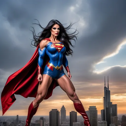 Prompt: Gorgeous muscular 35-year-old Romanian drag bodybuilder with long flowing wavy black hair (((blowing in the wind))), large busom, dressed as Supergirl (((DC Comics Character))), 8 inch stiletto high heel boots, standing on a gargoyle looking down on Metropolis at dusk. Cape blowing in the wind.