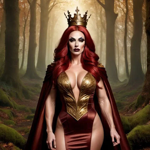 Prompt: a gorgeous muscular 35-year-old British drag queen bodybuilder princess with big busom, dark red matte lipstick, and burnt irange hair wearing a  bronze and gold gown standing in a forest with a crown on her head and a cloak over her head, Dirk Crabeth, gothic art, fantasy style, a storybook illustration