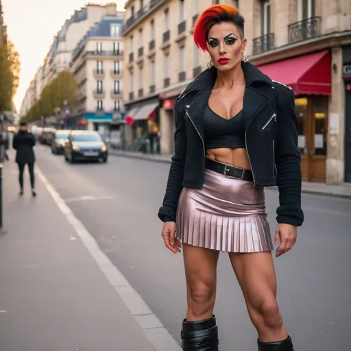 Prompt: Front view of an 27-year-old, muscular, gorgeous French drag queen bodybuilder (very strong masculine jawline and brow features) wearing a pleated mini skirt, coset jacket and 8 inch stiletto high heel calf-high boots. Hanging out on the streets of paris at sunset..