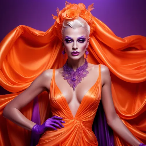 Prompt: Elegant French drag queen in stunning neon orange outfit, flowing fabric, captivating details, soft draping textures, shimmering accessories, mystical atmosphere, ethereal glow, dreamy background of blurred purples and violets, ultra-detailed composition, sophisticated and regal, conveying grace and beauty, high-resolution, vivid tones, enchanting vibe, capturing an air of mystery and allure.