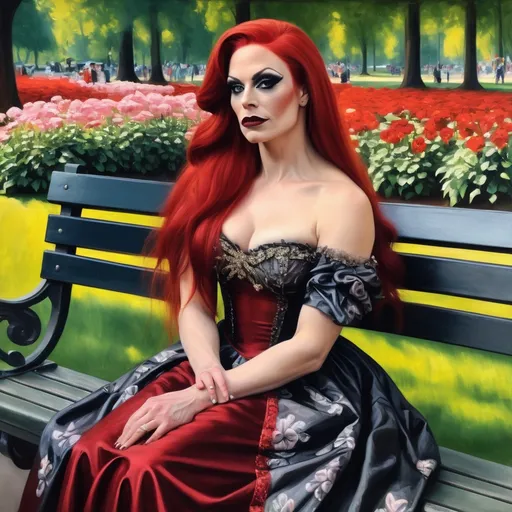 Prompt: Painting of a gorgeous muscular 35-year-old Swedish drag queen with dark eyeshadow,  dark red lipstick, and long red hair, sitting on a bench in a park wearing a dress with flowers, renaissance oil painting, a painting