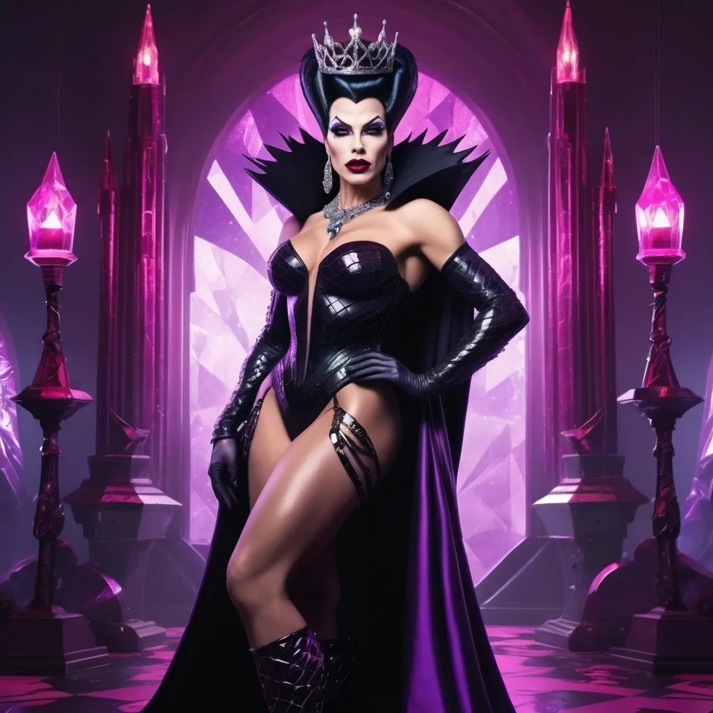 Prompt: Gorgeous muscular cyberpunk drag queen (Disney's) Evil Queen, great legs, crystal high heels,  dark lipstick.
