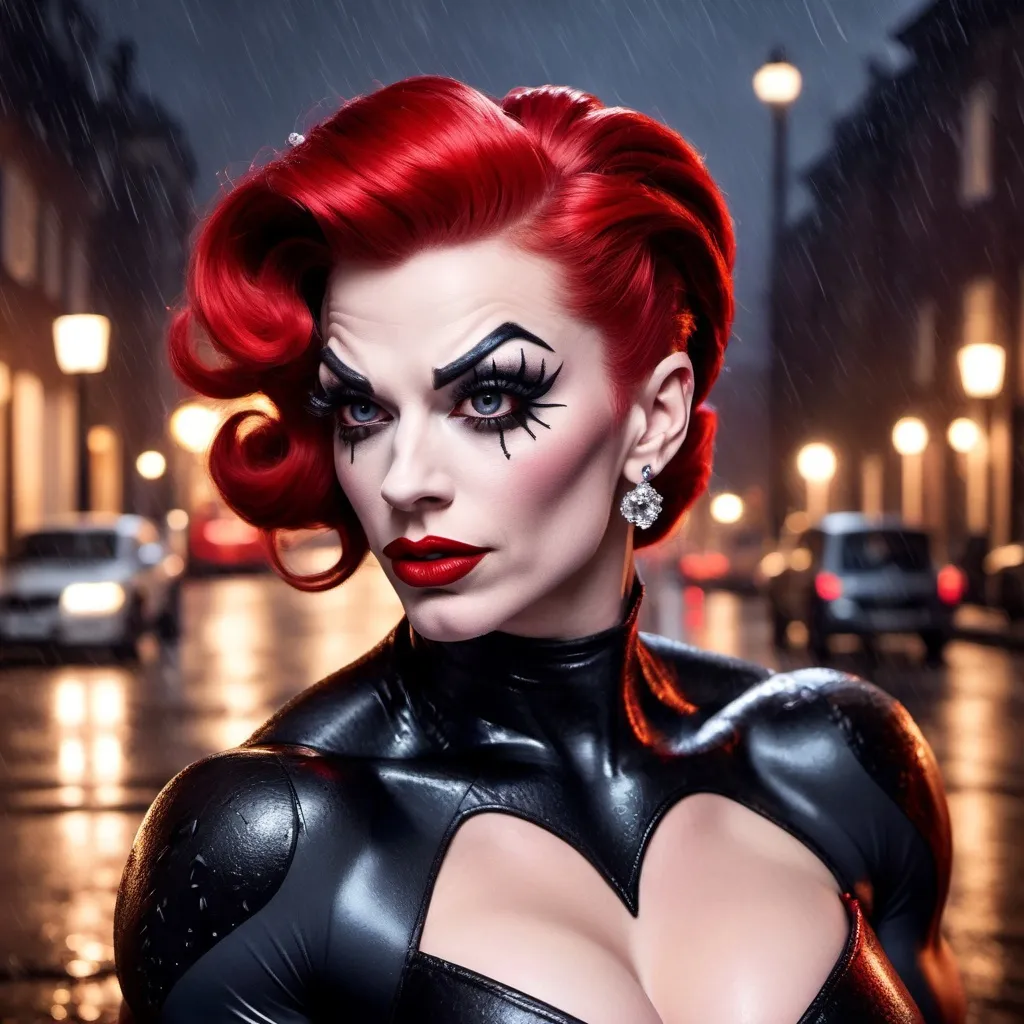 Prompt: Venom dressed as A hyper realistic flawless 25-year-old gorgeous Northern European drag queen bodybuilder with red updo hair walking the streets as a 50s housewife on a dark and rainy night. Heavy eye makeup. Dark red lipstick.