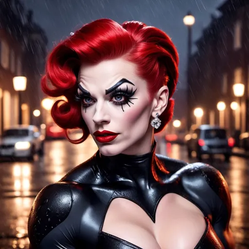 Prompt: Venom dressed as A hyper realistic flawless 25-year-old gorgeous Northern European drag queen bodybuilder with red updo hair walking the streets as a 50s housewife on a dark and rainy night. Heavy eye makeup. Dark red lipstick.