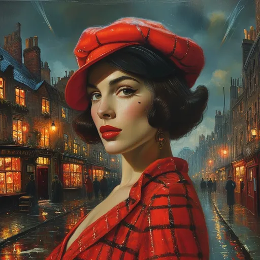 Prompt: (surrealism style mid waist portrait ), vibrant color scheme, (1941 London), shadowy streets at night, mid waist portrait of beautiful muscular 35-year-old Mid-Western drag queen in short red plaid dress, black fishnets, and red beret (masculine jawline 
and brow facial features) outside a quaint pub, search lights streaking through a tumultuous sky, vivid explosions lighting the dark atmosphere, bombed and ruined structures surrounding the scene, (dramatic), chaotic ambiance, high contrast between shadow and colorful explosions, (ultra-detailed), evocative imagery, sense of urgency and dread.