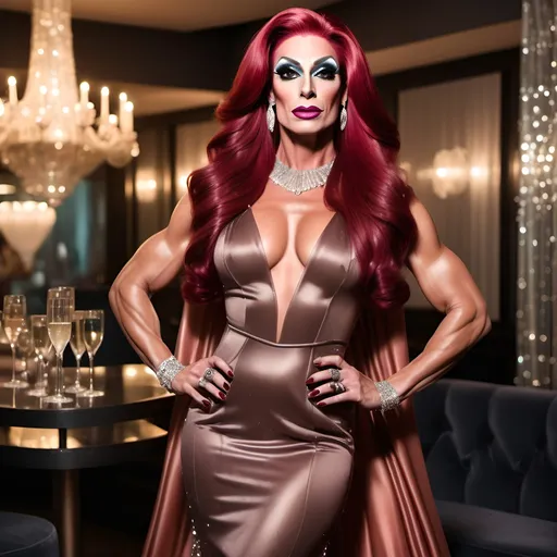 Prompt: Gorgeous muscular 35-year-old Arabian drag queen with very long stylish dark red hair, very strong masculine jawline and brow,  wearing a Prosecco dress, (sparkling elegance), voluminous silk fabric, glistening bubbles embedded, (feminine silhouette), romantic flow, vivid colors with dark highlights, shimmering under gentle light, (high fashion), luxurious atmosphere, celebratory mood, whimsical elegance, surrounded by a stylish garden setting, ultra-detailed, 4K quality.