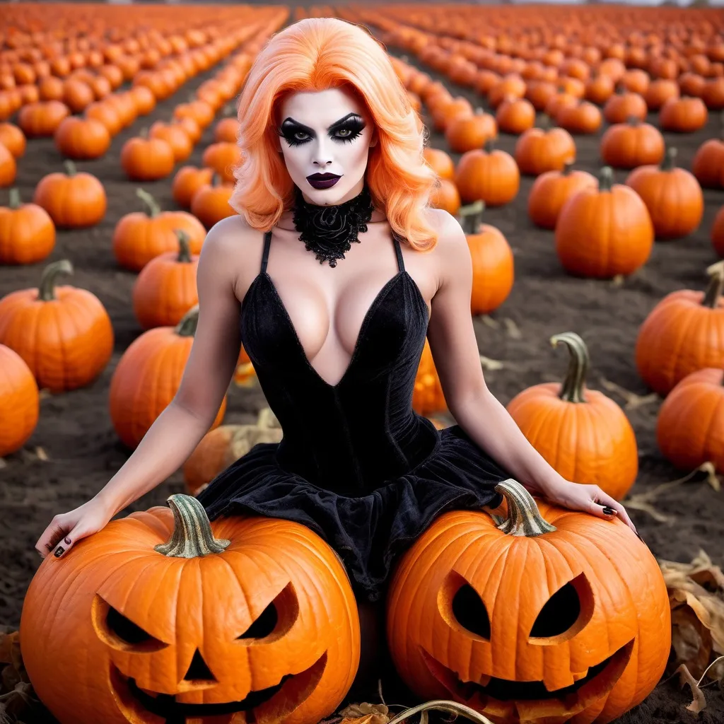 Prompt: If a Jack-o-lantern was a gorgeous 25-year-old drag queen with dark eye makeup,  dark lipstick,  8 inch stiletto high heel shoes.  Pumpkin field.